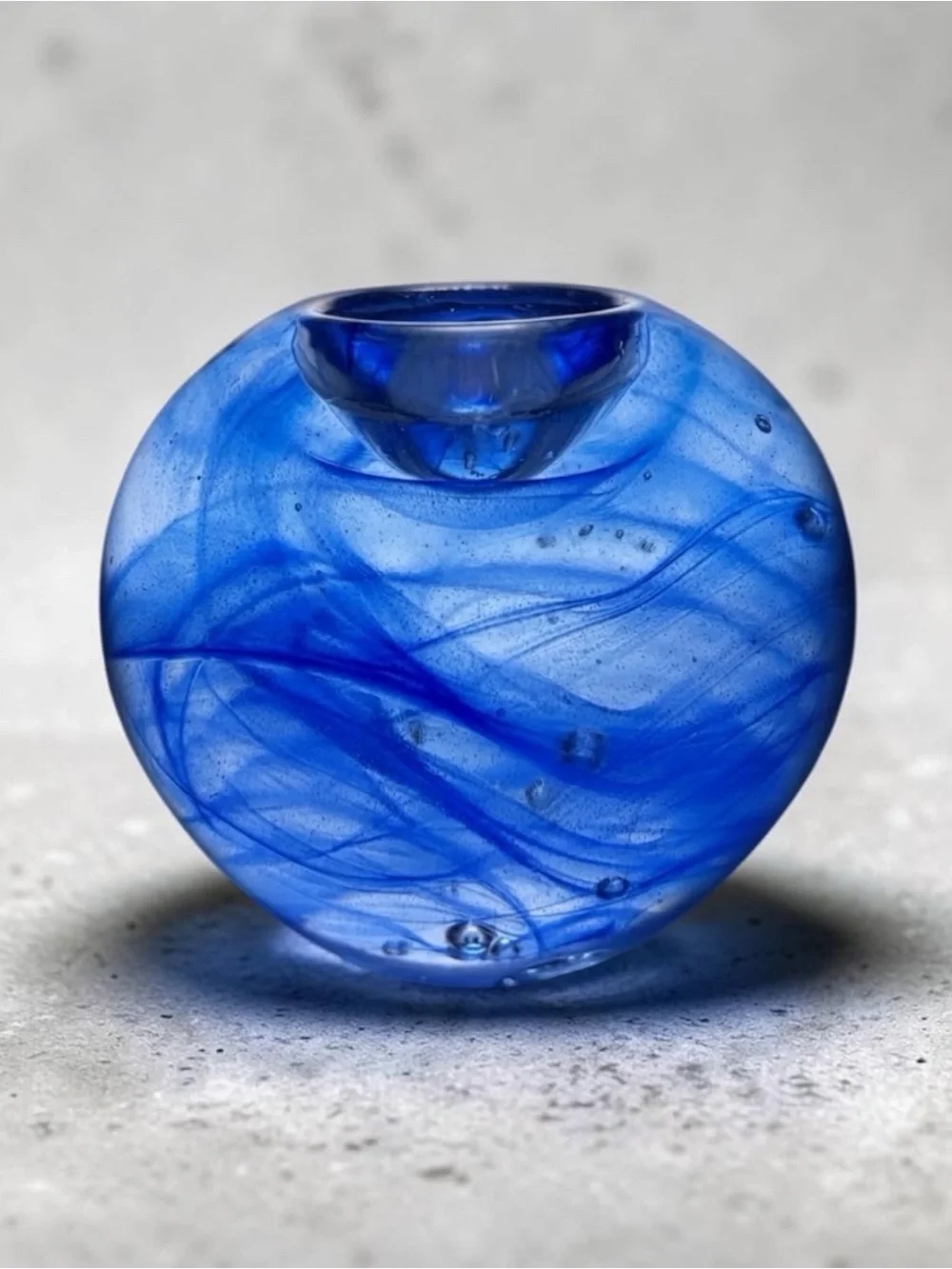 Rare Vintage Kosta Sweden Blue Swirl Art Glass Votive Candle Holder